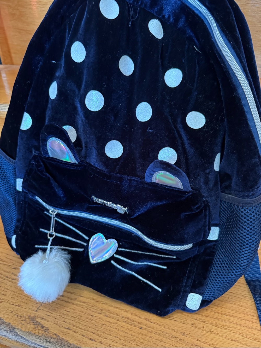 Kensie Girl Black Velvet Polka Dot Cat Backpack with Holographic Accents